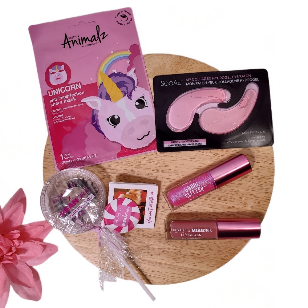 Profusion x Mean Girls Lashes Lip Gloss Masque Bar Unicorn Sheet Sooae Eye Mask